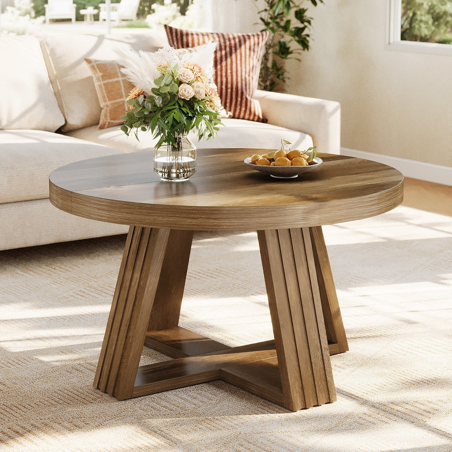 31.5 Inch Farmhouse Round Coffee Table With Thickened Cross Shaped Wood Frame 31.50 L X 31.50 W X 17.72 H