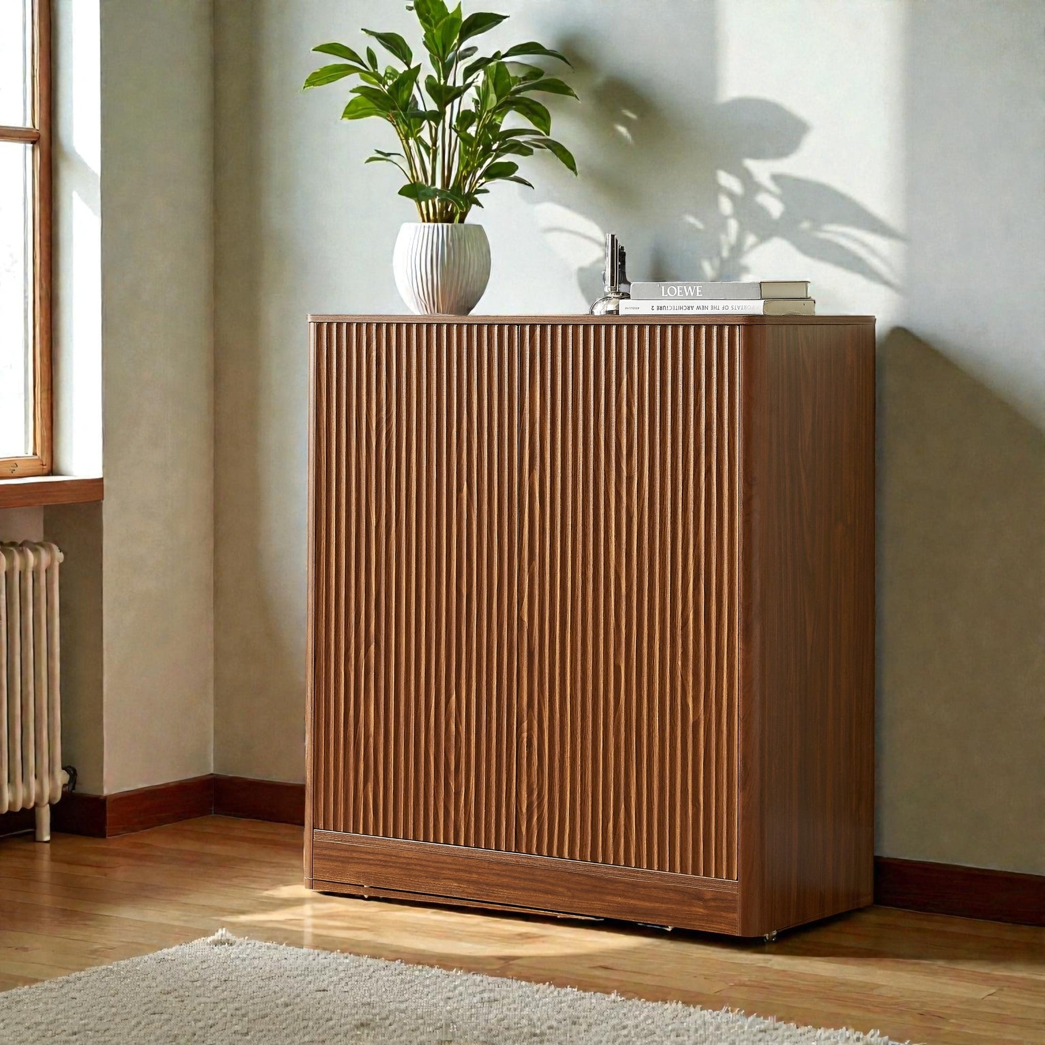 31.5 Inch Modern Wavy Sideboard Cabinet 2 Door Curved Storage Console With Wood Grain Top