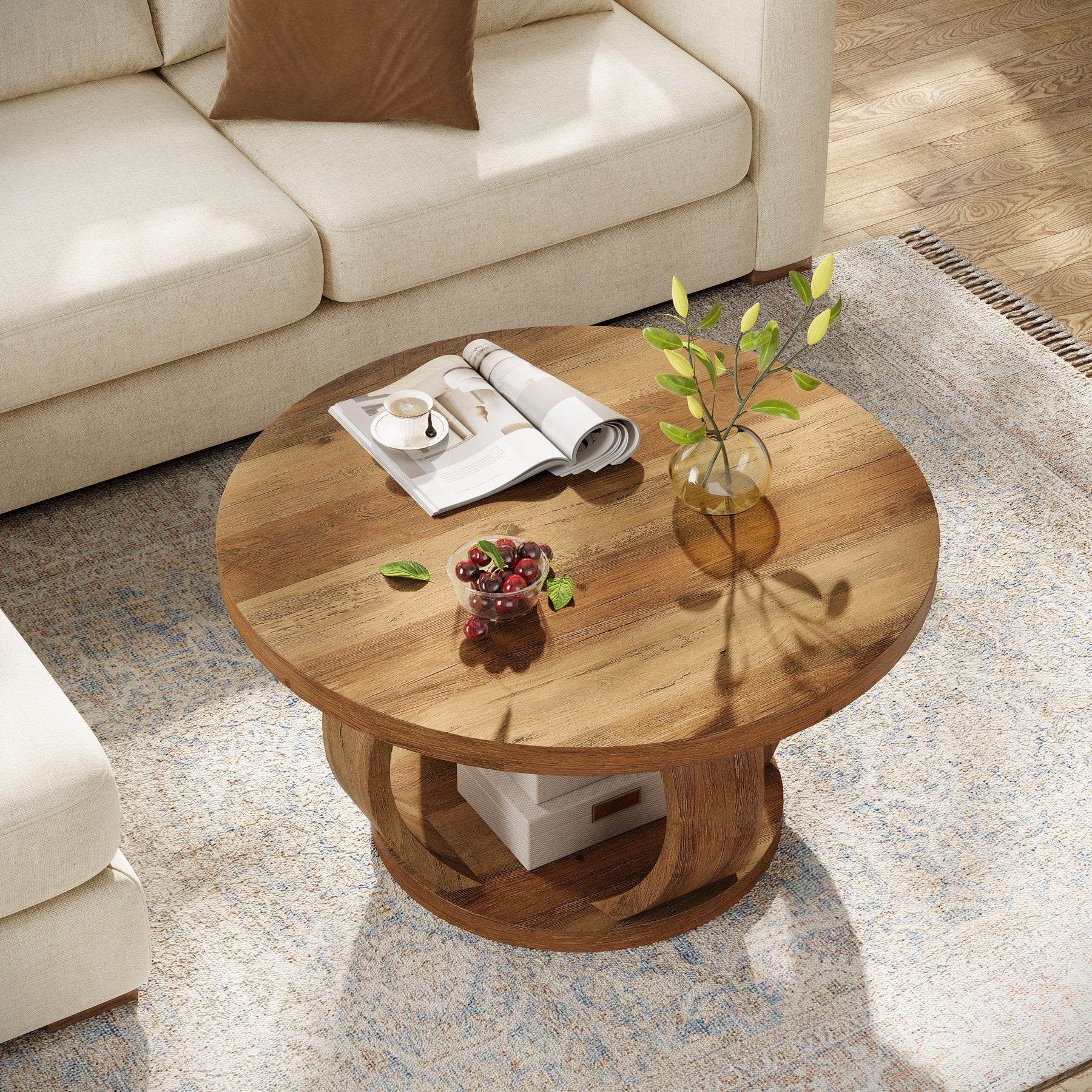 31.5 Inch Round Coffee Table 2 Tier Circle Center Table