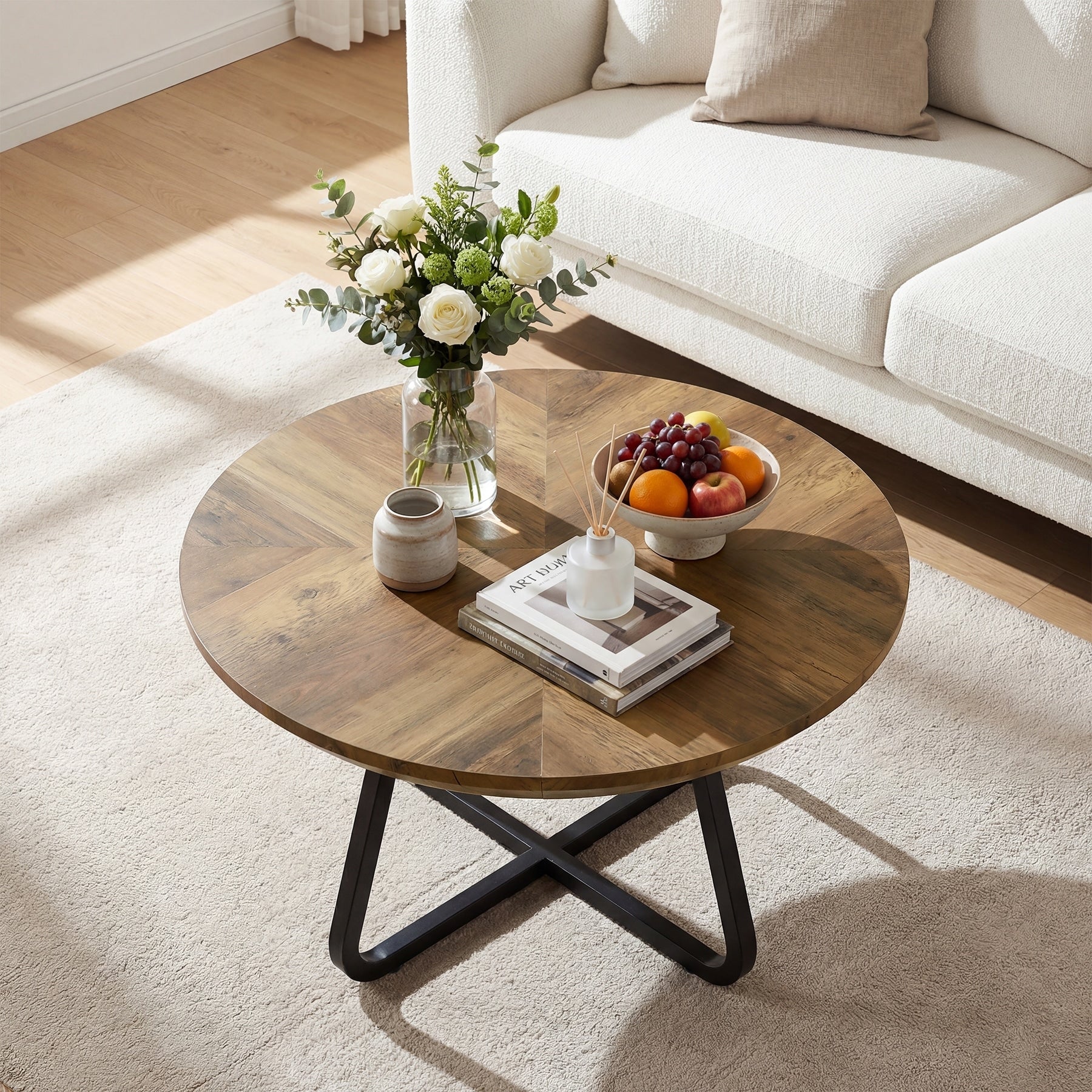 31.5 Inch Round Coffee Table Rustic Industrial Center Tea Table For Small Space By 1Easylife