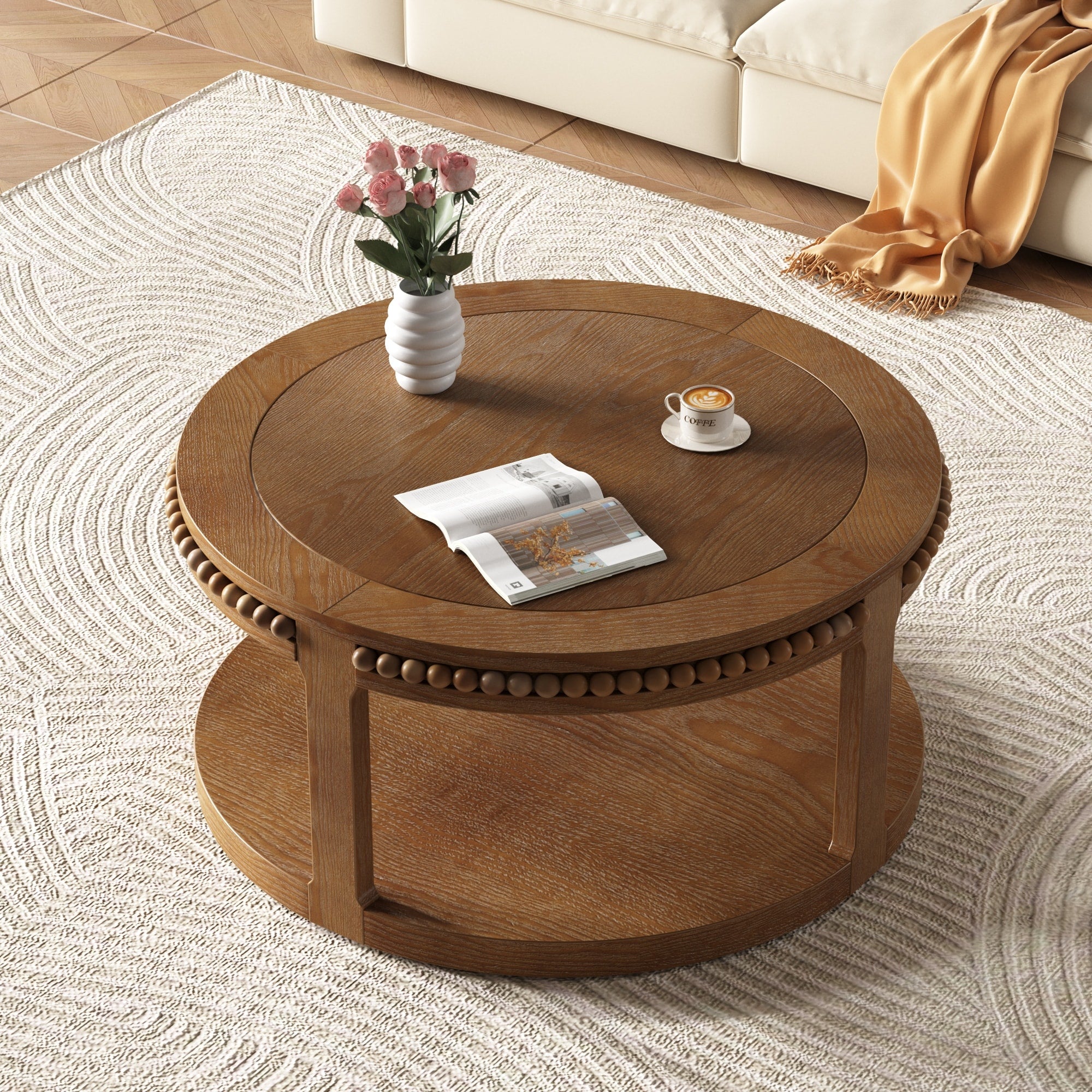 31.5 Inch Round Solid Wood Coffee Table For Living Room