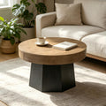 31.5 Inch Round Wood Coffee Table With Polygonal Wooden Base For Living Room