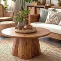 31.5 Inch Round Wood Coffee Table Farmhouse Center Table For Apartments Small Spaces Brown