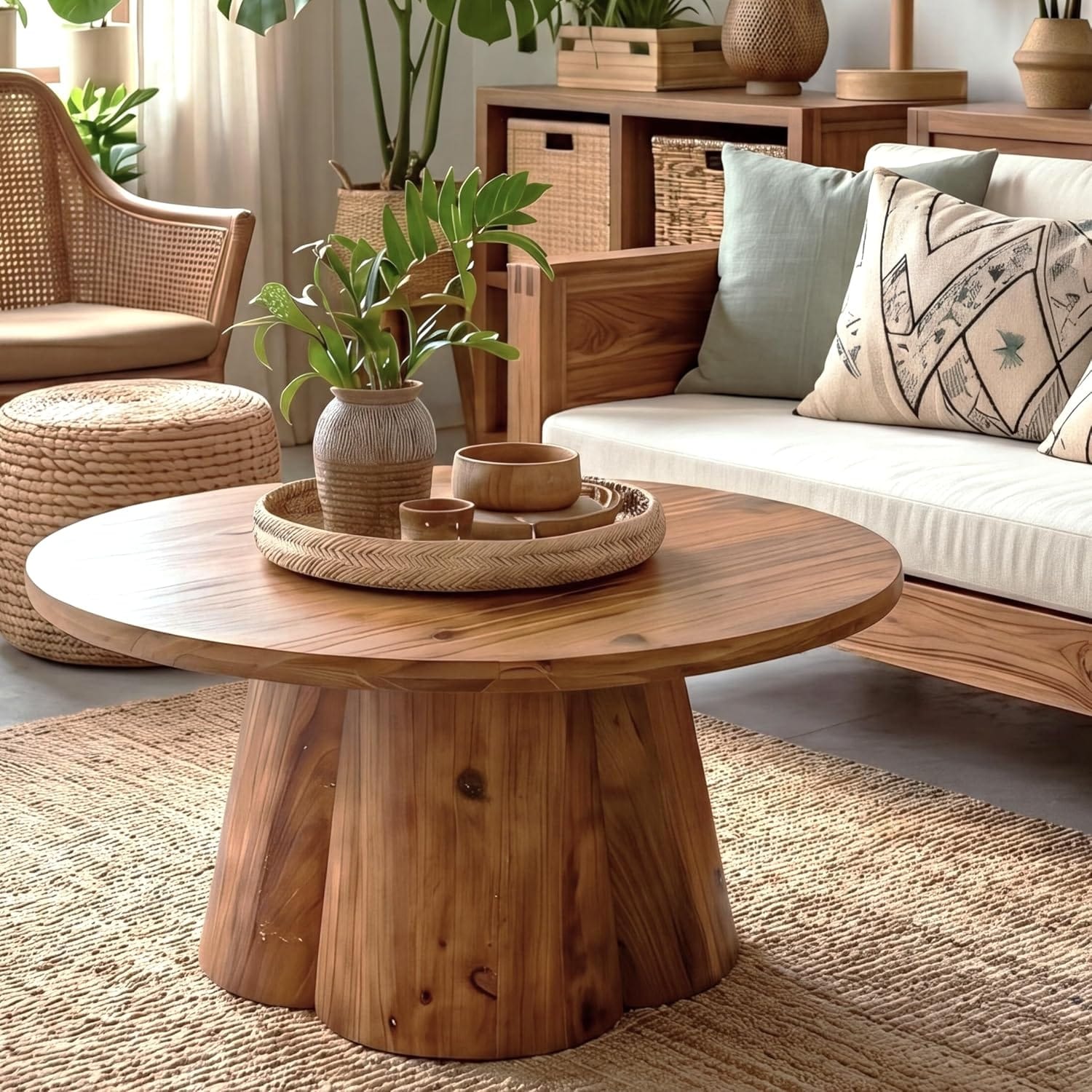 31.5 Inch Round Wood Coffee Table Farmhouse Center Table For Apartments Small Spaces Brown
