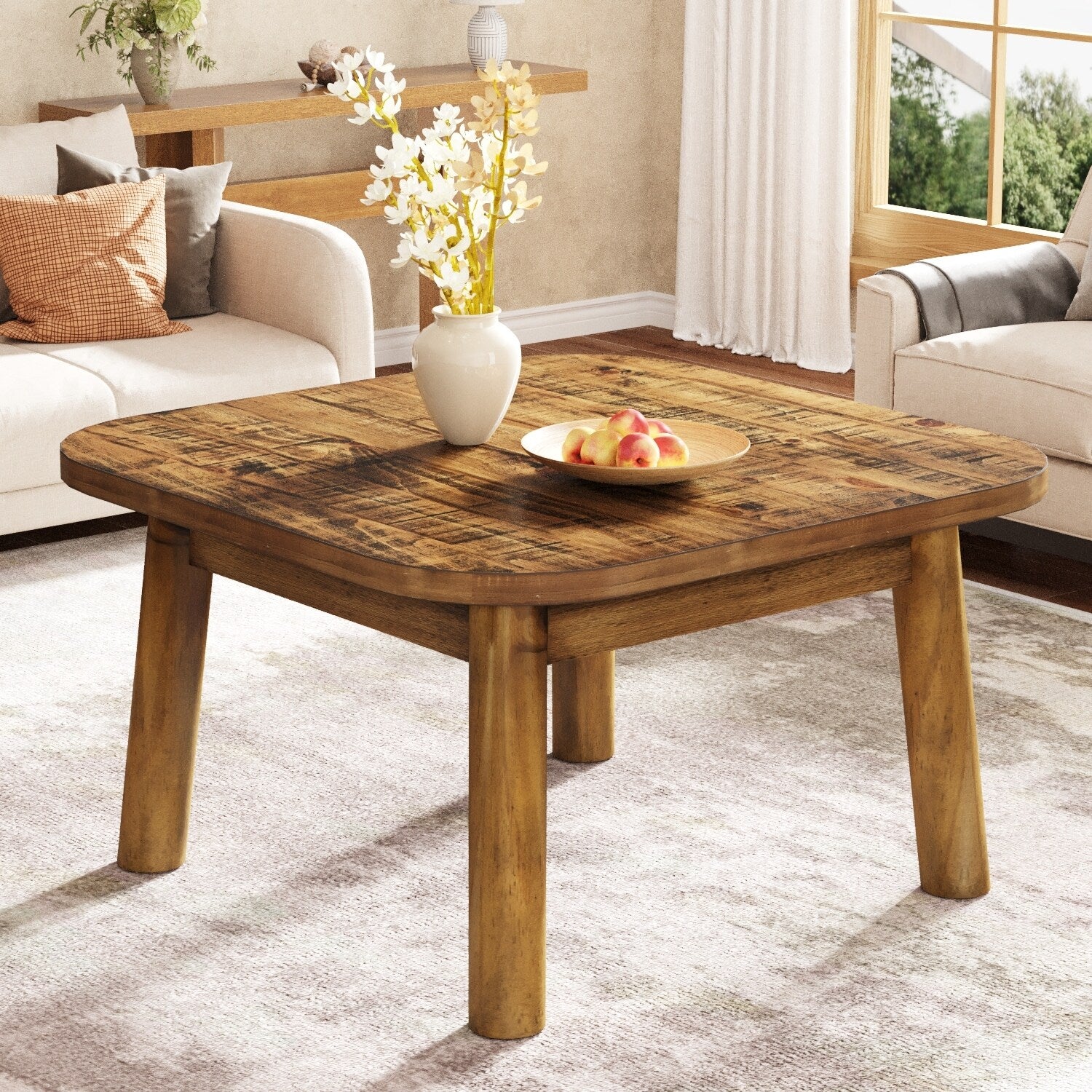 31.5 Inch Solid Wood Square Coffee Table With Rounded Corners