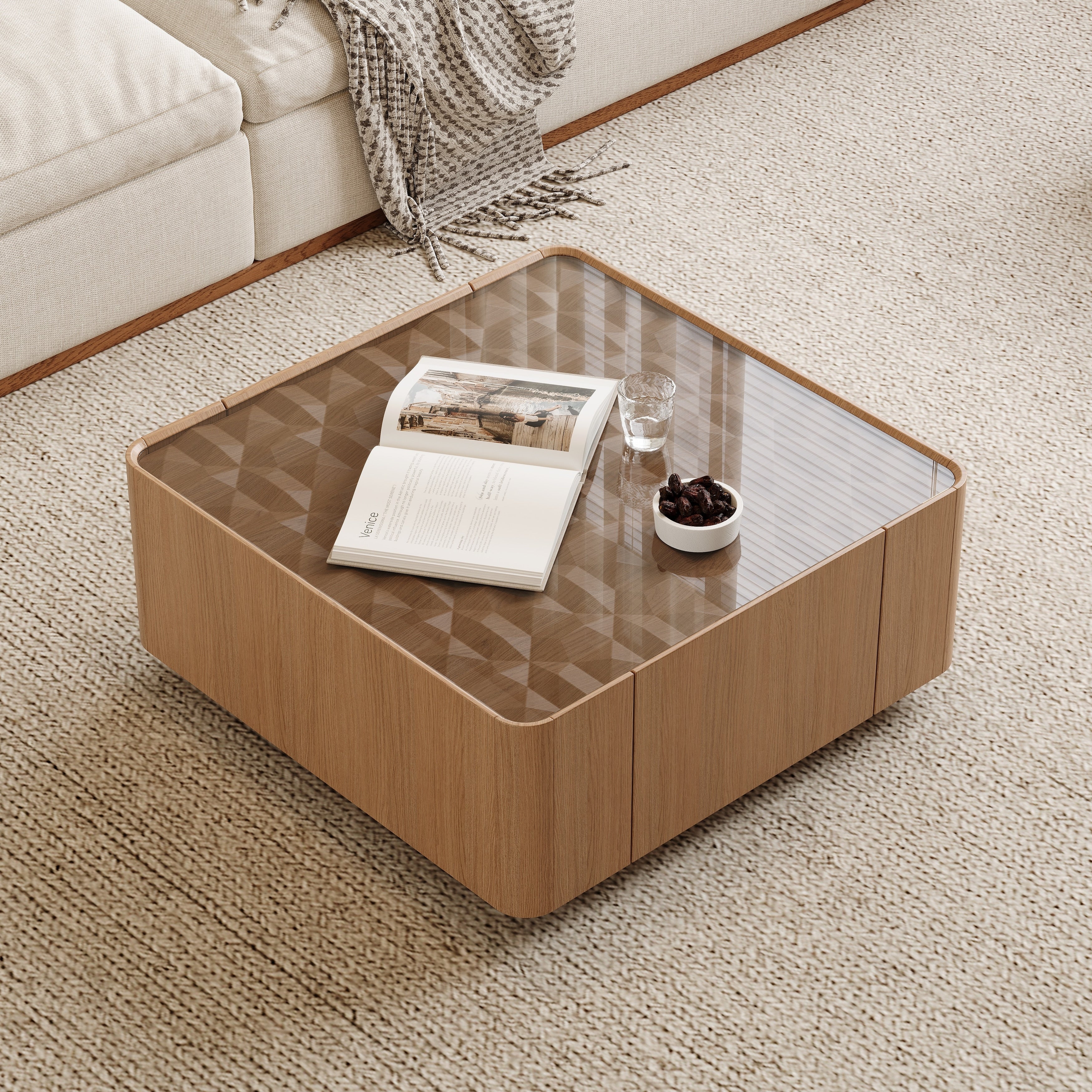 31.5 Inch Square Coffee Table With Storage Drawers Modern Wooden Coffee Table With Glass Top Tea Table Center Tables