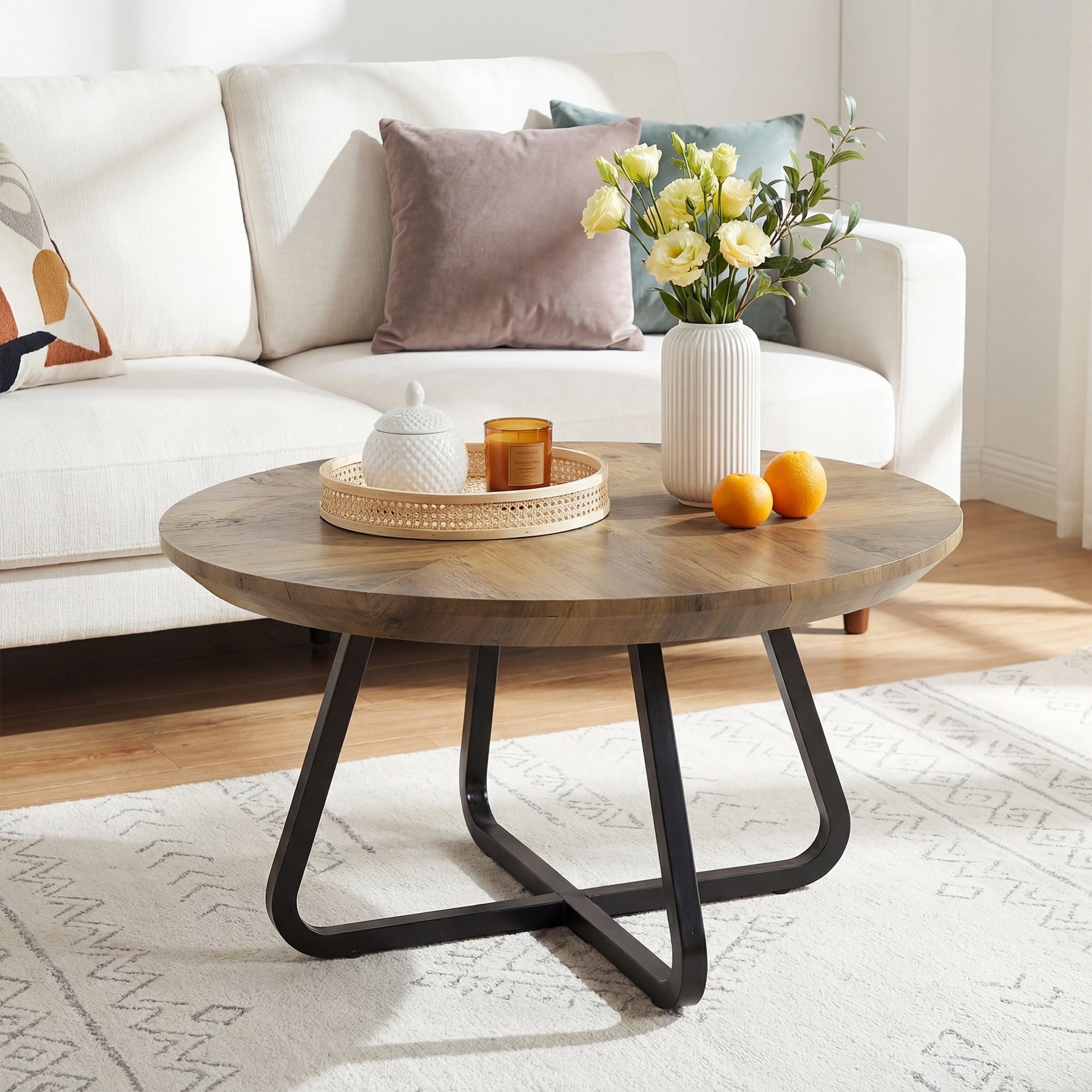 31.5 Inches Round Coffee Table Modern Wooden Center Table