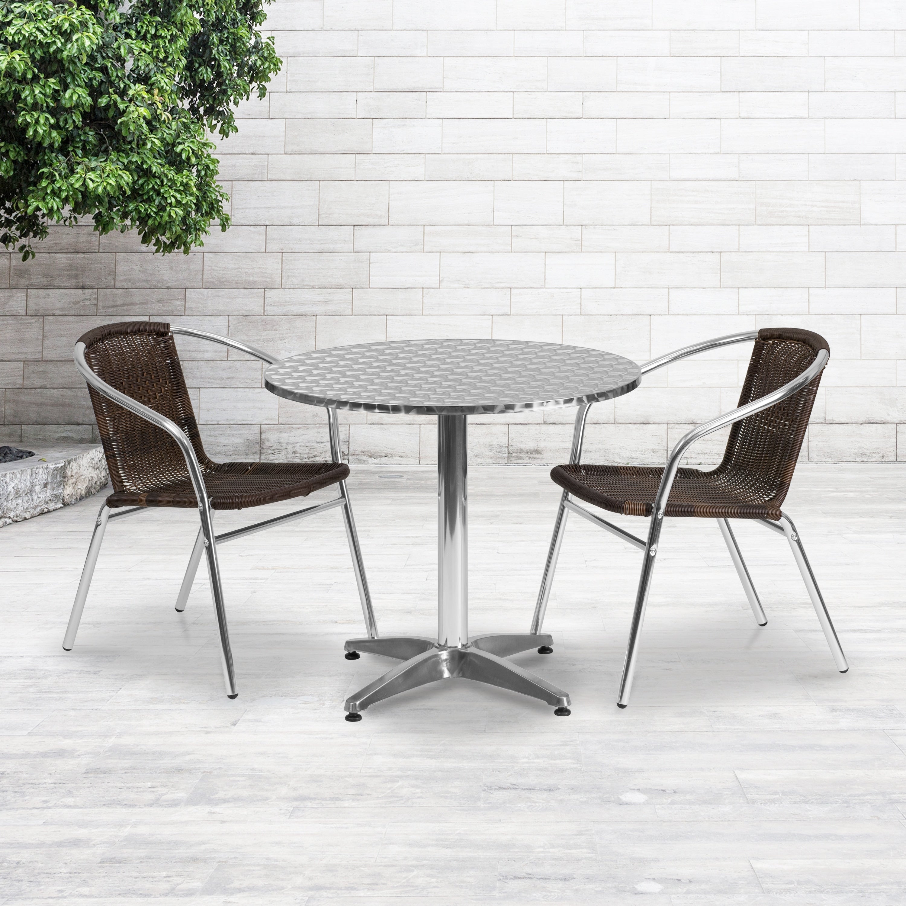 31.5 Foot Round Aluminum Indoor Outdoor Table With 2 Rattan Chairs