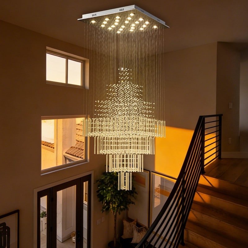 31.5 In. Crystal Modern Chandelier 24 Lights Square Luxury 4 Tiers Raindrop Chandelier Flush Mount Ceiling Light For Foyer
