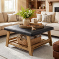 31.5 Inch Square Upholstered Ottoman Coffee Table With Solid Wood Storage Shelf