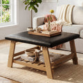 31.5 Inch Square Upholstered Solid Wood Ottoman Coffee Table With Storage Shelf