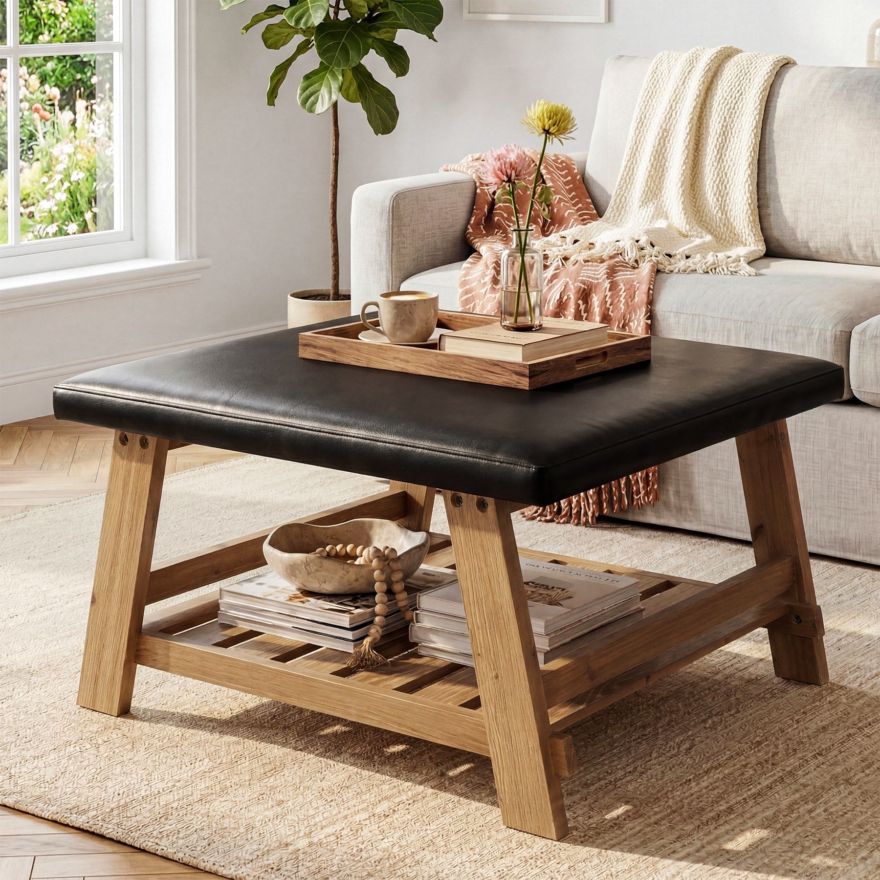 31.5 Inch Square Upholstered Solid Wood Ottoman Coffee Table With Storage Shelf