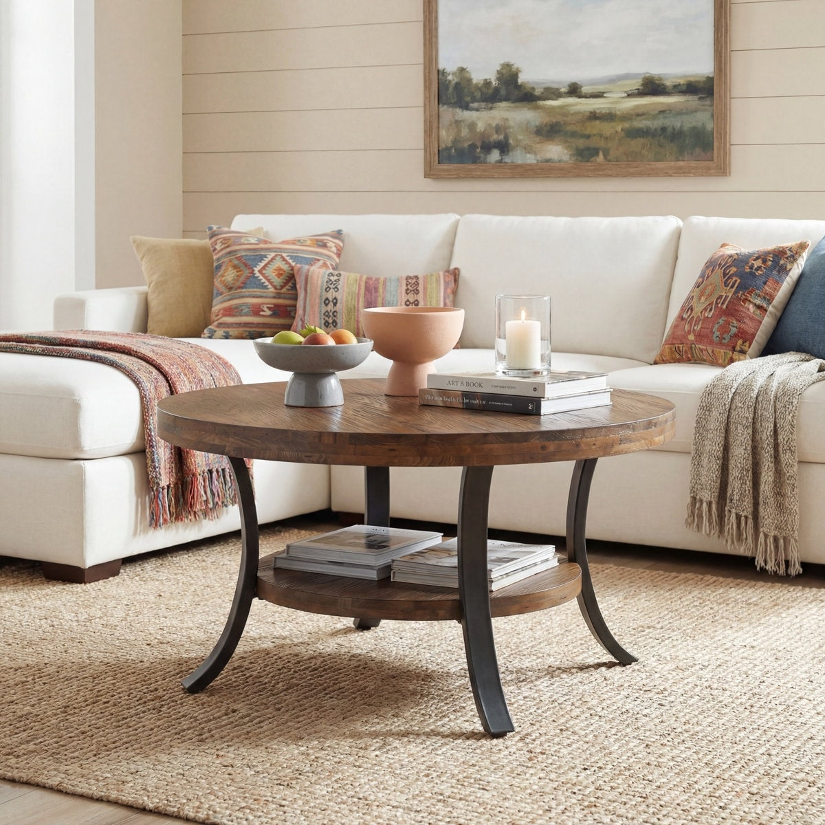 31.5 2 Tier Round Solid Wood Coffee Table With Curved Metal Legs