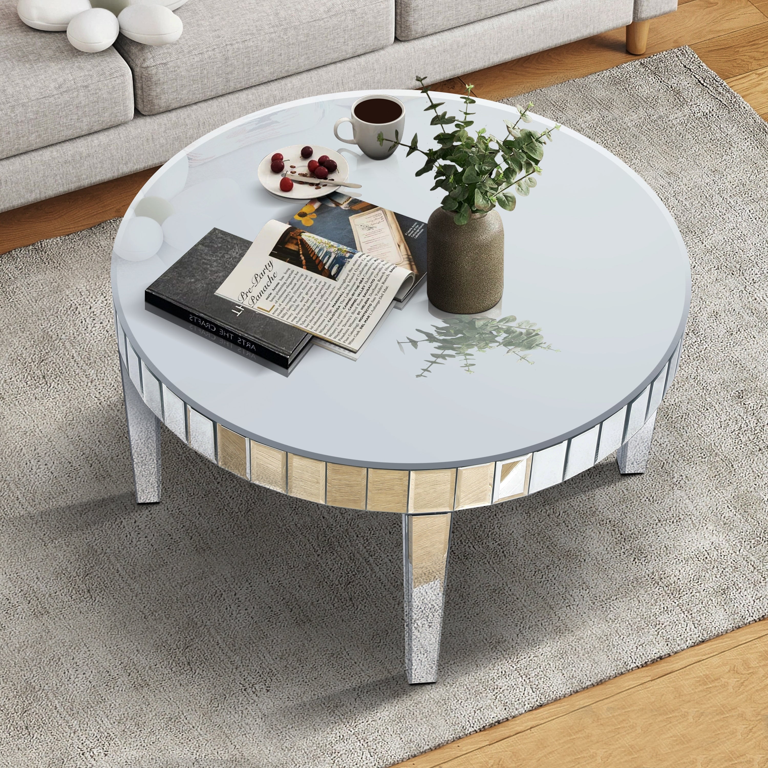 31.5 Dazzling Sliver Round Coffee Table With Fluted Mirror Design For Living Room