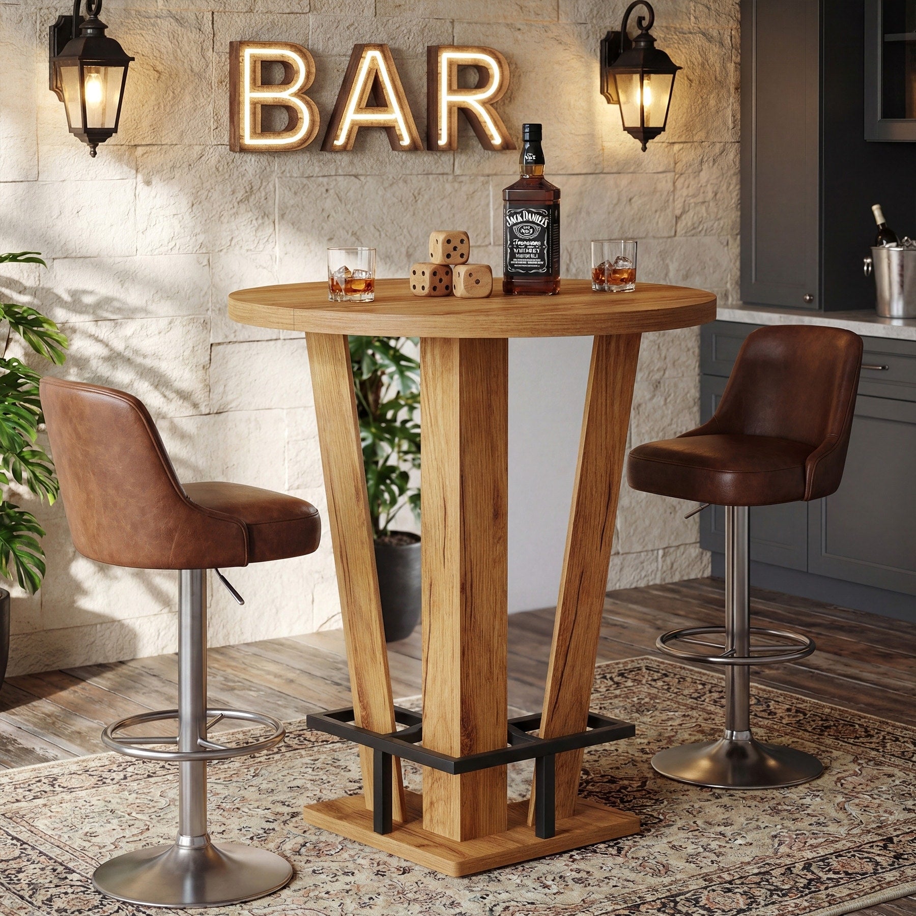 31.5 High Top Round Bar Table With Metal Footrest For Small Spaces 31.5 L X 31.5 W X 39.4 H