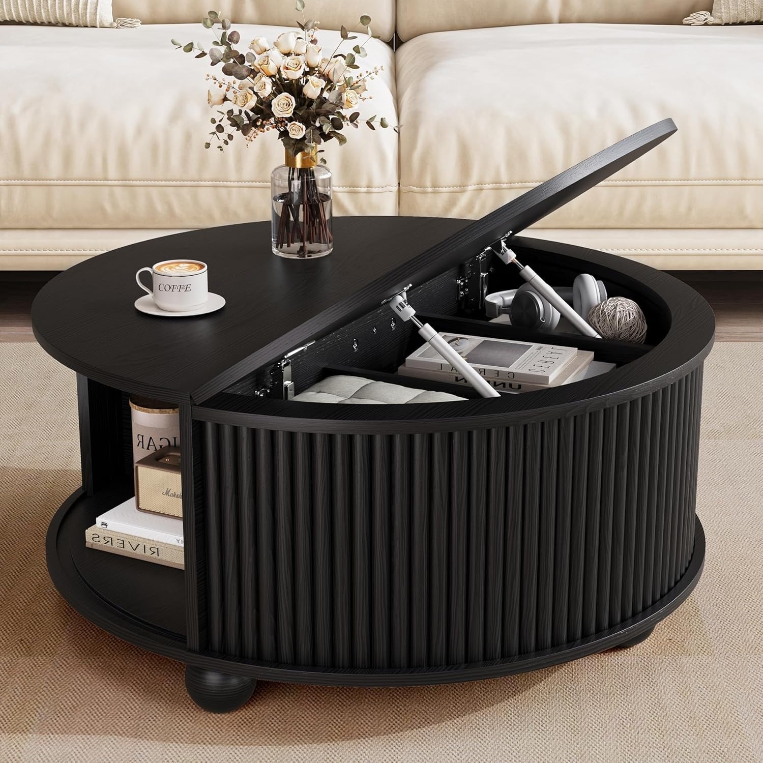 31.5 Mid Century Modern Circle Drum Table With Storage Fluted Round Coffee Table With Sliding Cabinet Door For Small Space