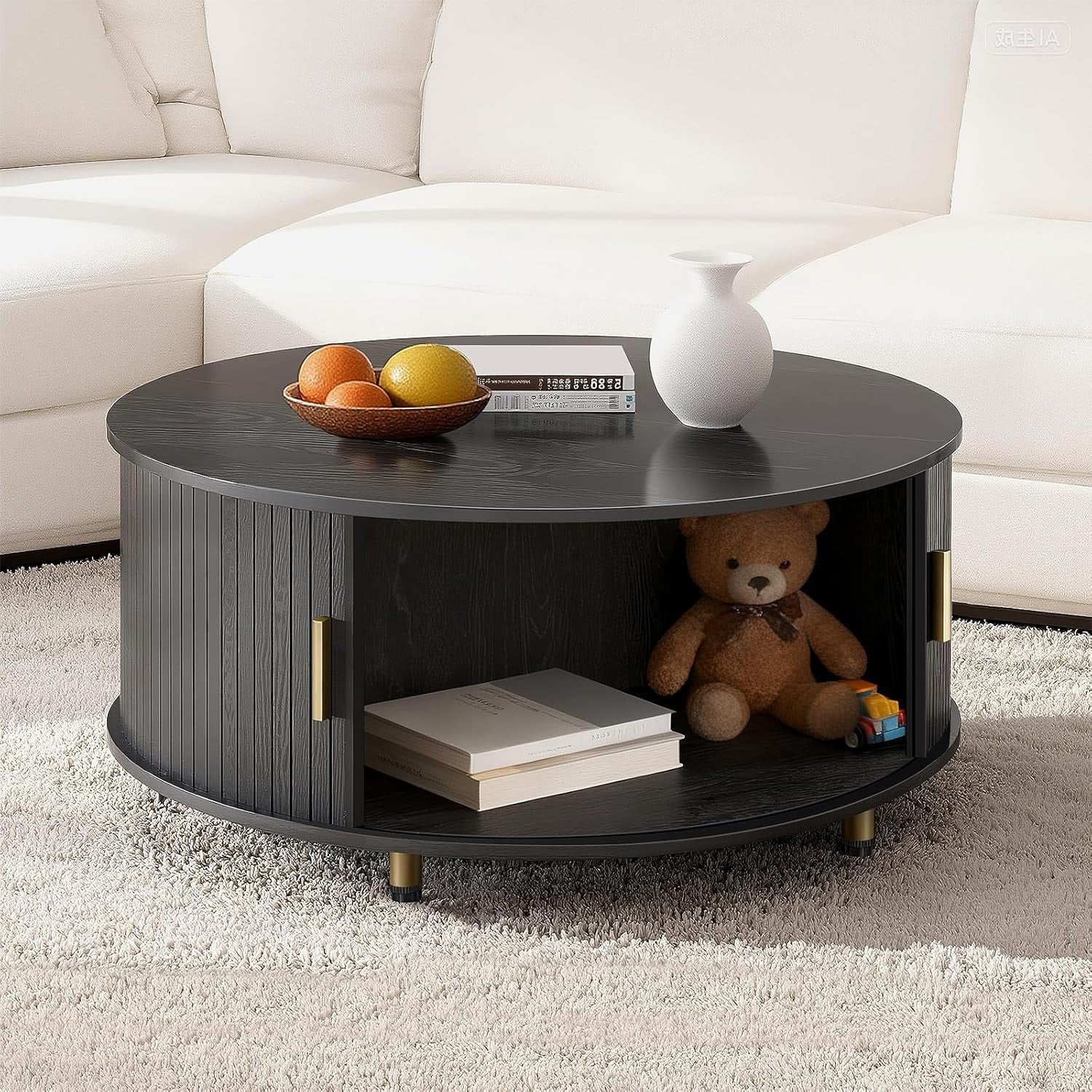 31.5 Mid Century Round Coffee Table With 360 Degrees Sliding Tambour Door Fluted Accent Coffee Table With Adjustable Footpads