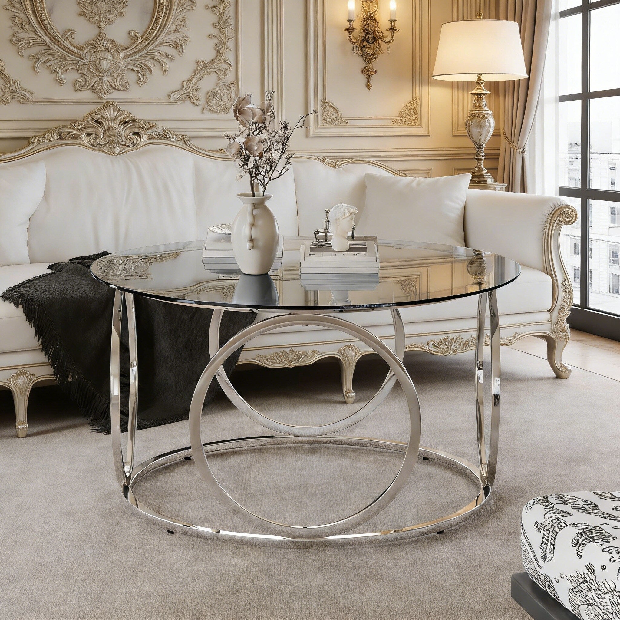 31.5 Modern Round Glass Top Coffee Table With Circular Metal Frame