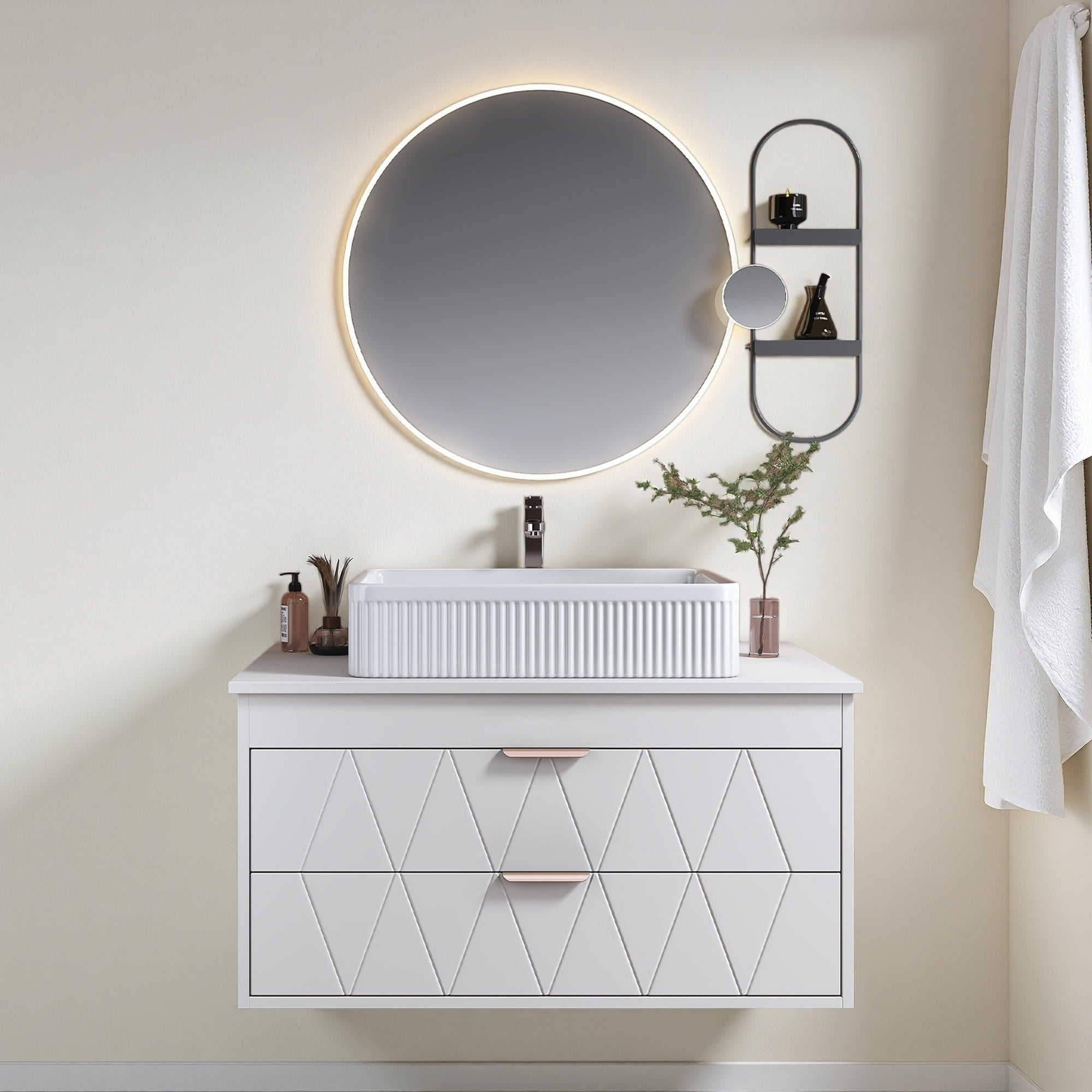 31.5 Multi Layer Solid Wood Water Resistant Wall Mounted Bathroom Vanity With Ceramic Sink Soft Close Drawers And Handles
