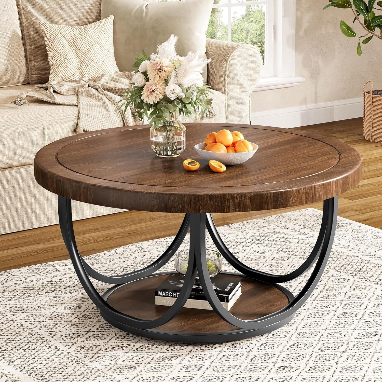 31.5 Round Coffee Tables For Living Room 2 Tier Small Wooden Circle Accent Table Industrial Center Tables