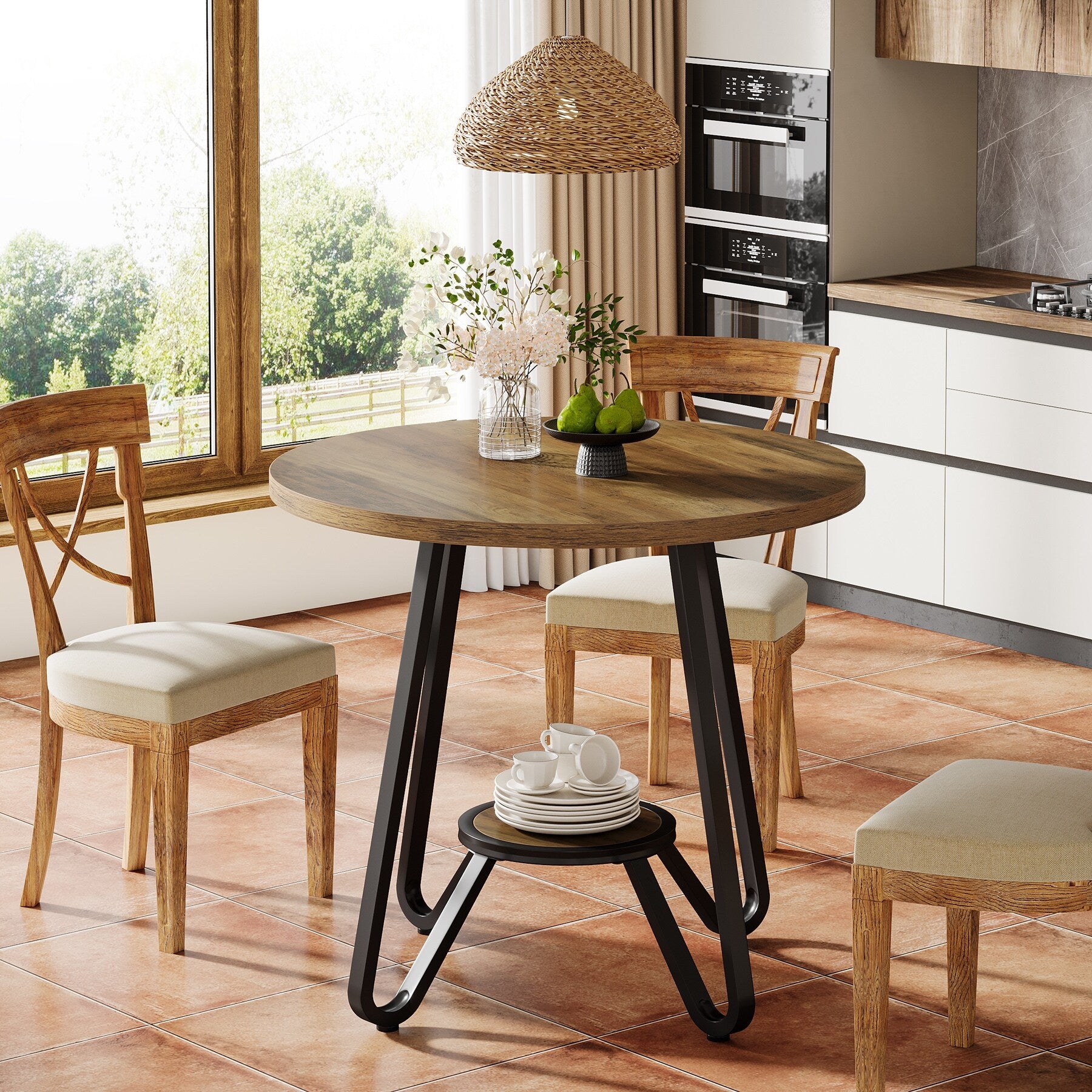 31.5 Round Dining Table For 2 Industrial Small Kitchen Table With Storage Shelves
