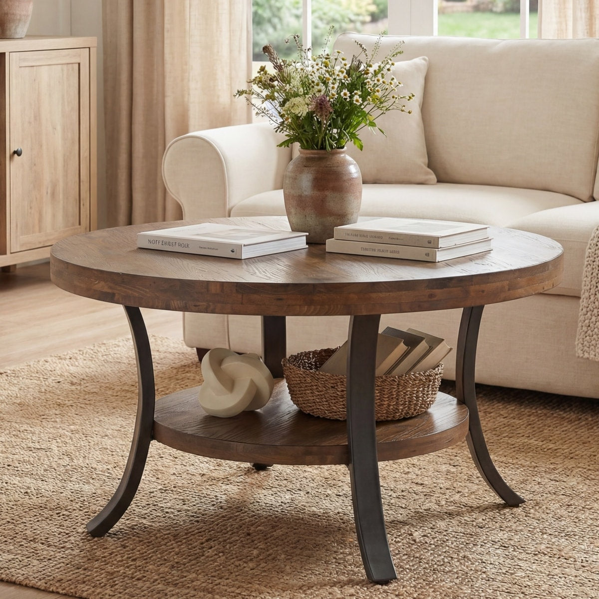 31.5 Round Solid Wood Coffee Table With Metal Legs Storage Shelf