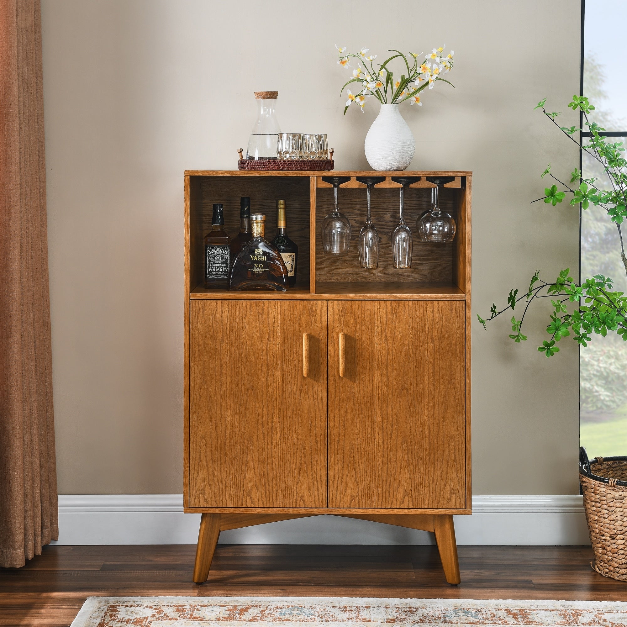 31.5 Rustic Liquor Cabinet With Wine Rack Glass Holder Adjustable Shelf Storage Sideboard Buffet By Gdfstudio