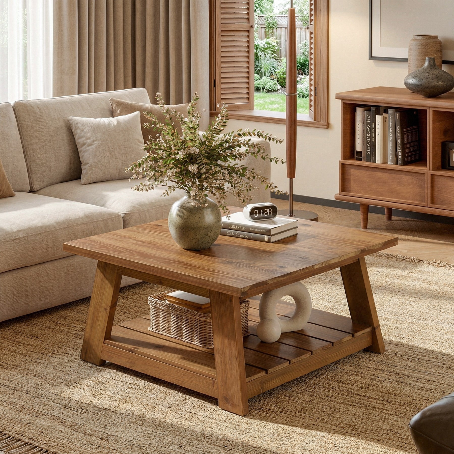 31.5 Solid Wood Square Coffee Table With 2 Tier Storage 31.5 D X 31.5 W X 17.7 H