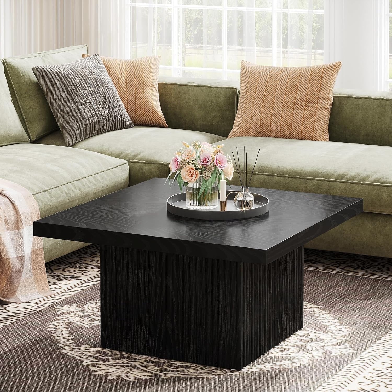 31.5 Square Fluted Coffee Table Farmhouse Wooden Coffee Table For Living Room