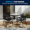 31.5 Inch Square Glass Metal Table With 4 Metal Aluminum Slat Stack Chairs