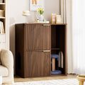31.5 Walnut Cat Litter Cabinet With Cat Tree Grooved Concealed Litter Furniture Featuring Dual Cat Doors And Storage Shelves