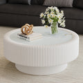 31.5 Fluted Round Storage Coffee Table Tempered Glass Top Premium Leather Wrapped Modern Coffee Table With Hidden Storage