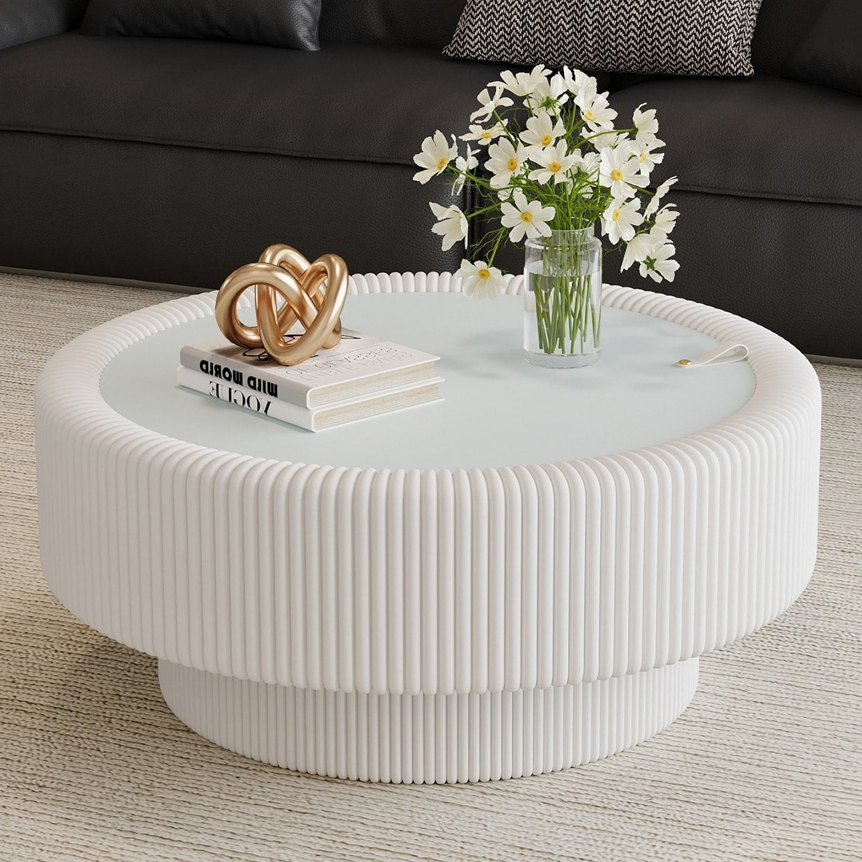 31.5 Fluted Round Storage Coffee Table Tempered Glass Top Premium Leather Wrapped Modern Coffee Table With Hidden Storage