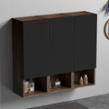 31.5 H Bathroom Floating Side Cabinet Wall Mounted Storage Black Grille Panel Walnut Splicing For Small Spaces