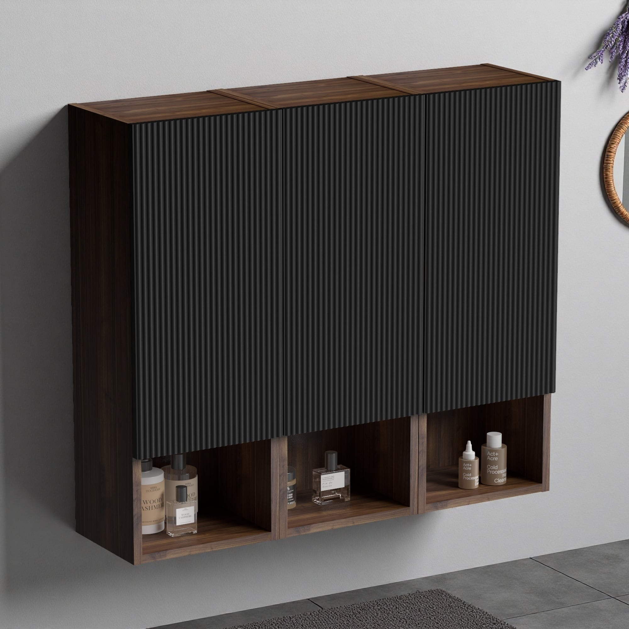 31.5 H Bathroom Floating Side Cabinet Wall Mounted Storage Black Grille Panel Walnut Splicing For Small Spaces