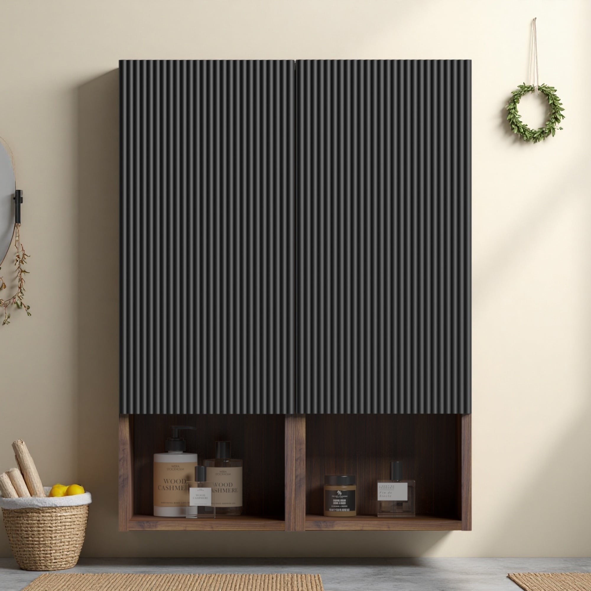 31.5 H Bathroom Floating Side Cabinet Wall Mounted Storage Grille Panel Walnut Splicing Chic Textures For Small Spaces