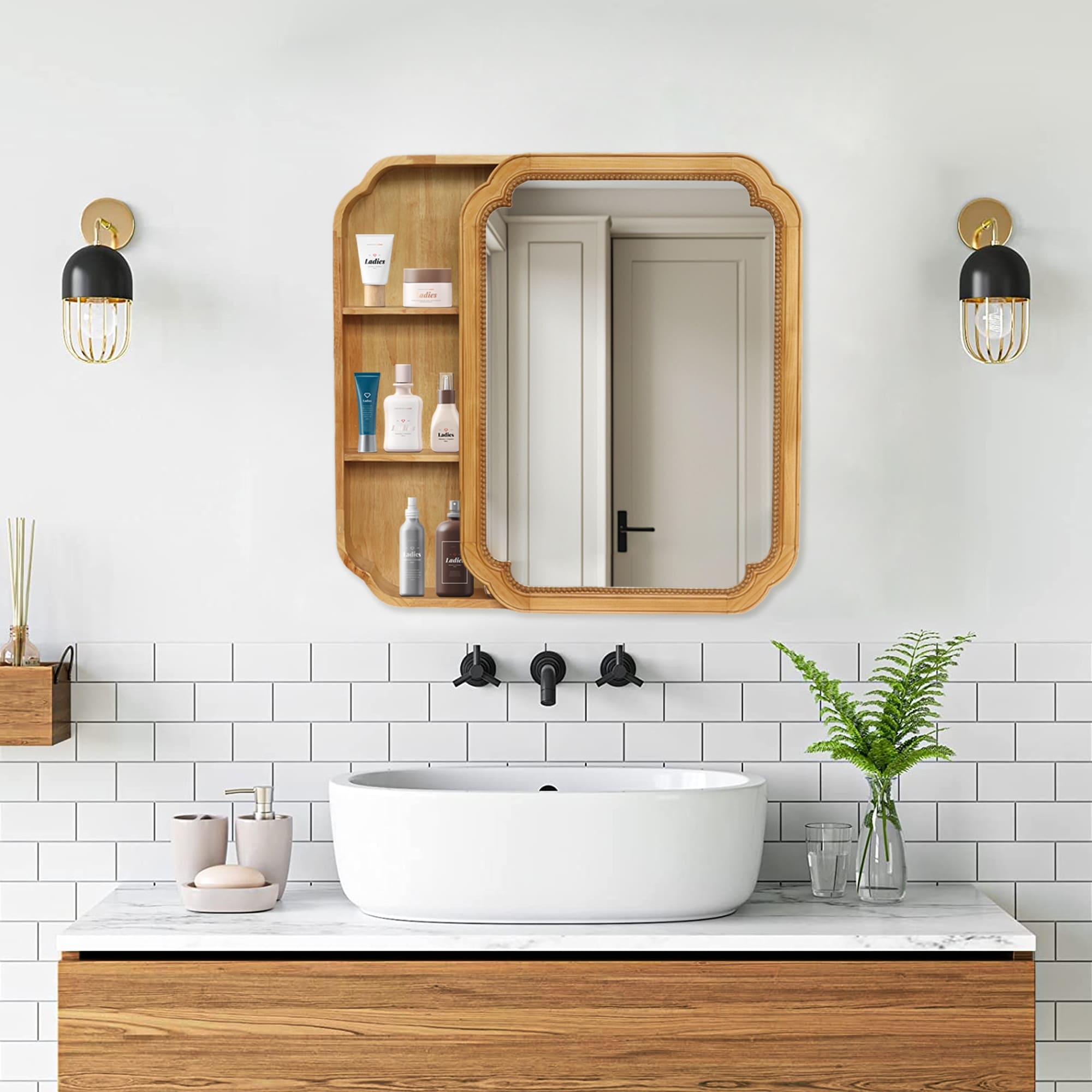 31.5 23.82 Wood Wall Mounted Mirror Cabinet With Storage Shelves