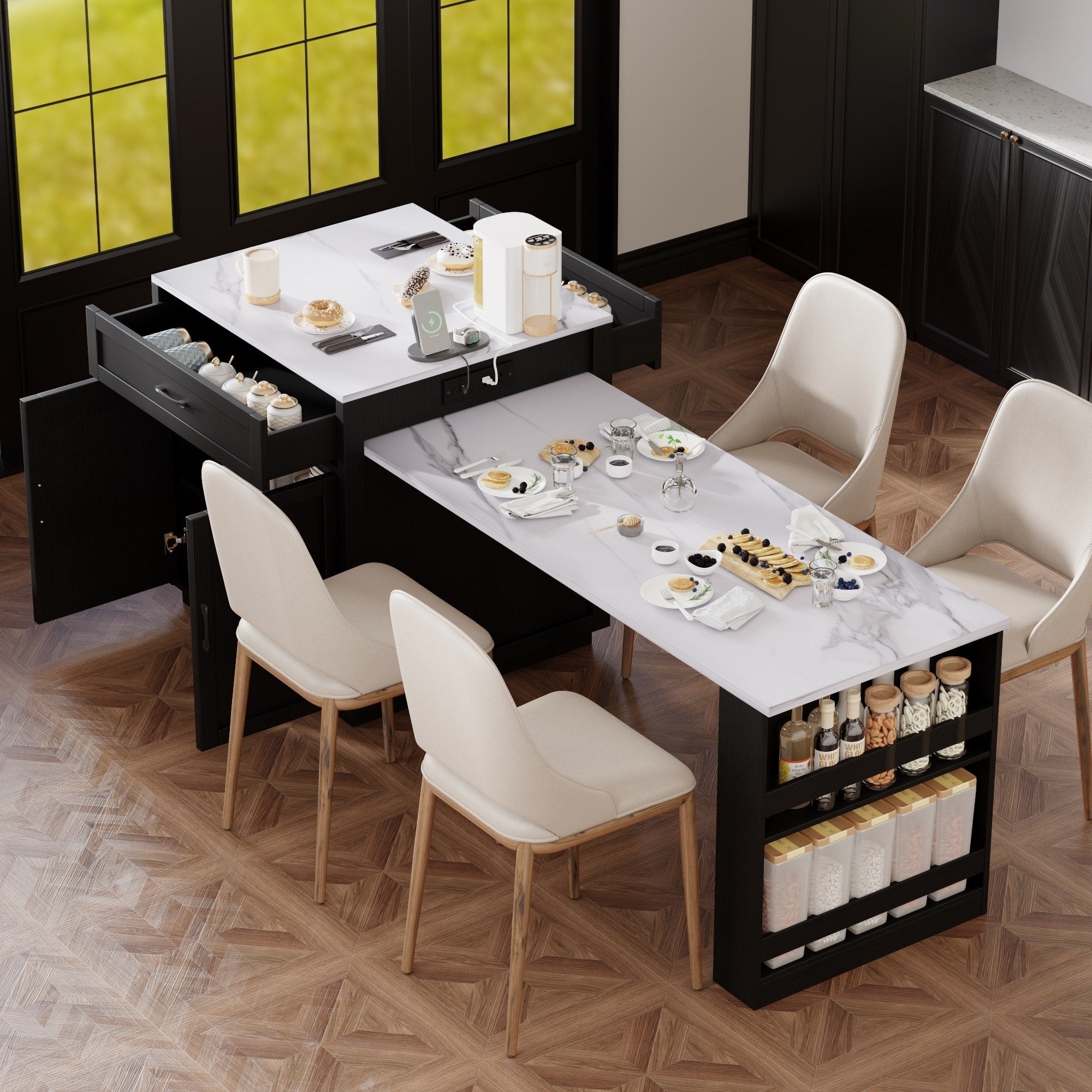 31.5 Kitchen Island With Extendable Dining Table For 4 6 Person Power Outlet Open Shelves And 2 Drawers
