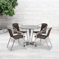 31.5 Round Aluminum Indoor Outdoor Table Set With 4 Dark Brown Rattan Chairs