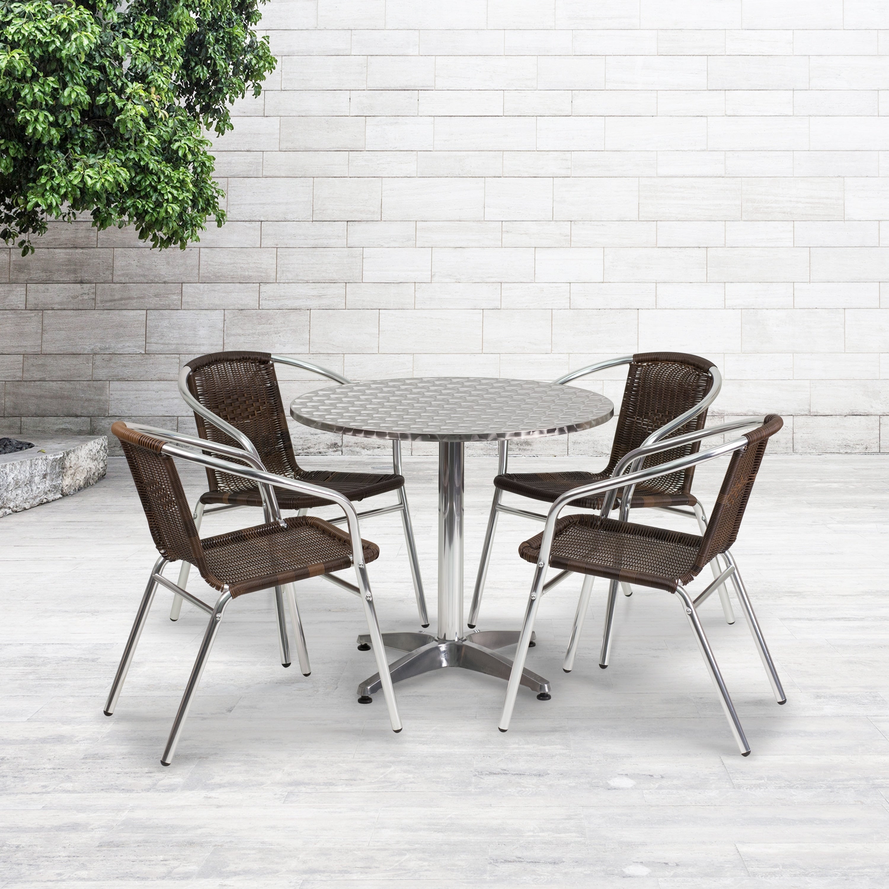 31.5 Round Aluminum Indoor Outdoor Table Set With 4 Dark Brown Rattan Chairs