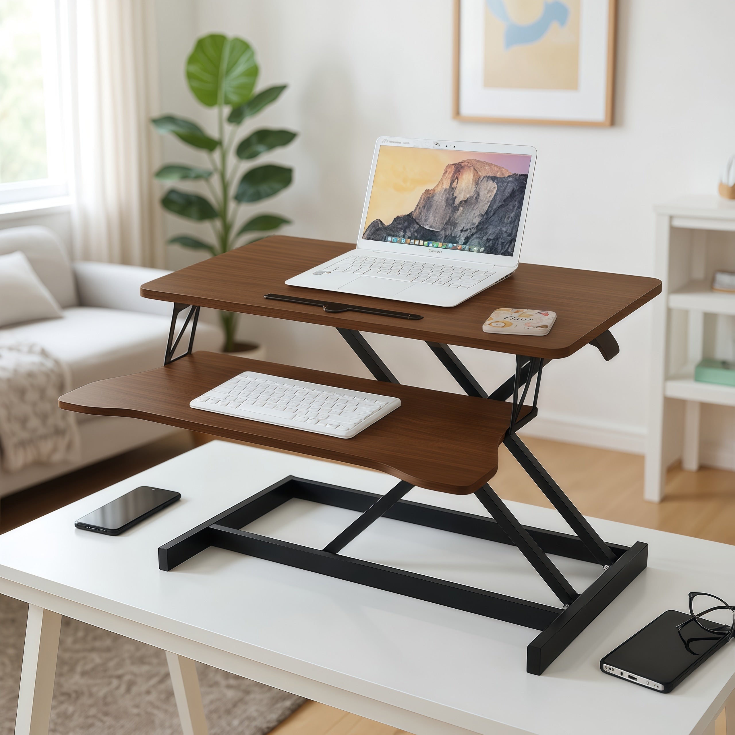 32 Inch Desk Converter Height Adjustable Sit To Stand Riser Dual Monitor And Laptop Workstation With Wide Keyboard Tray