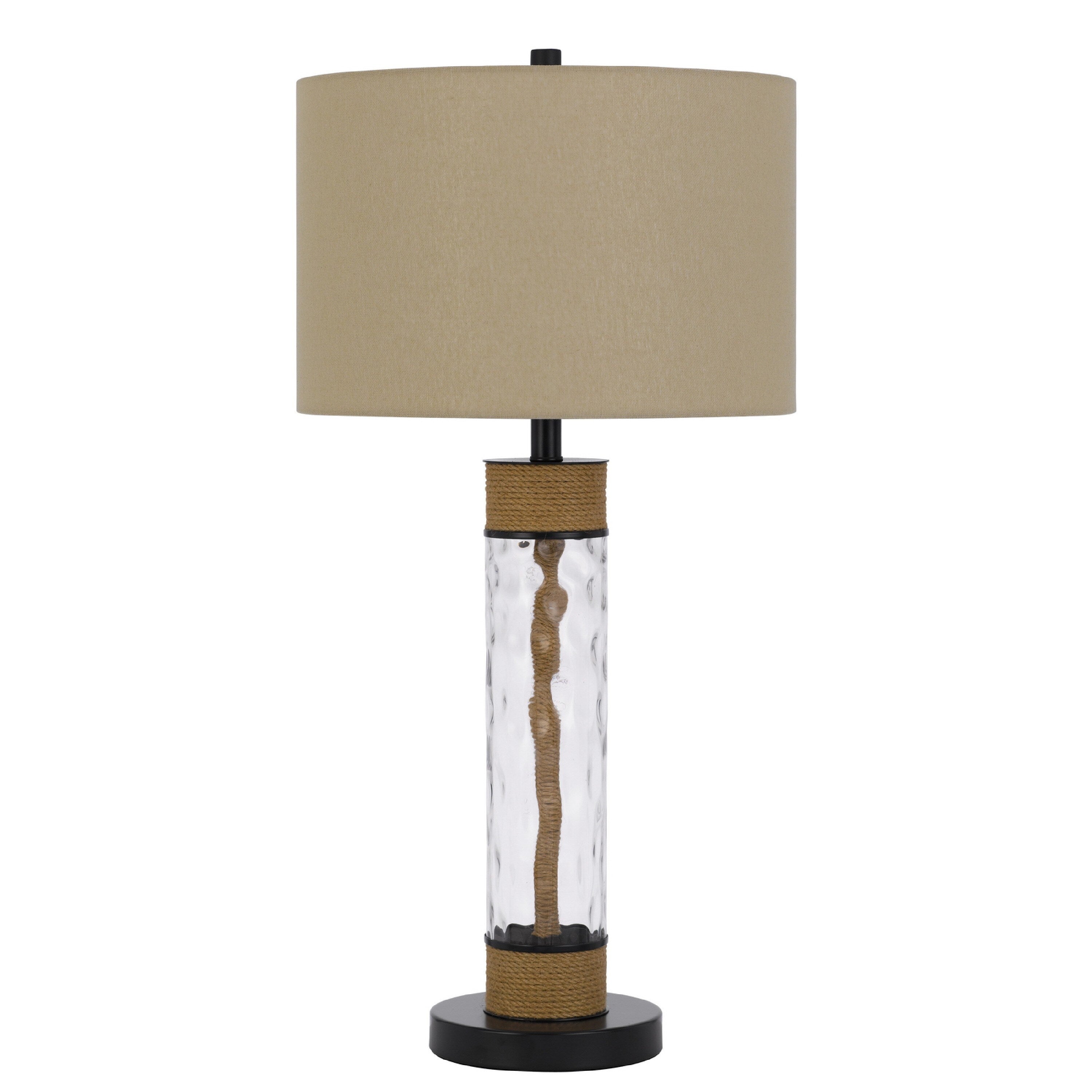 32 Inch Table Lamp Rippled Glass Body With Rope Burlap Shade Metal Base