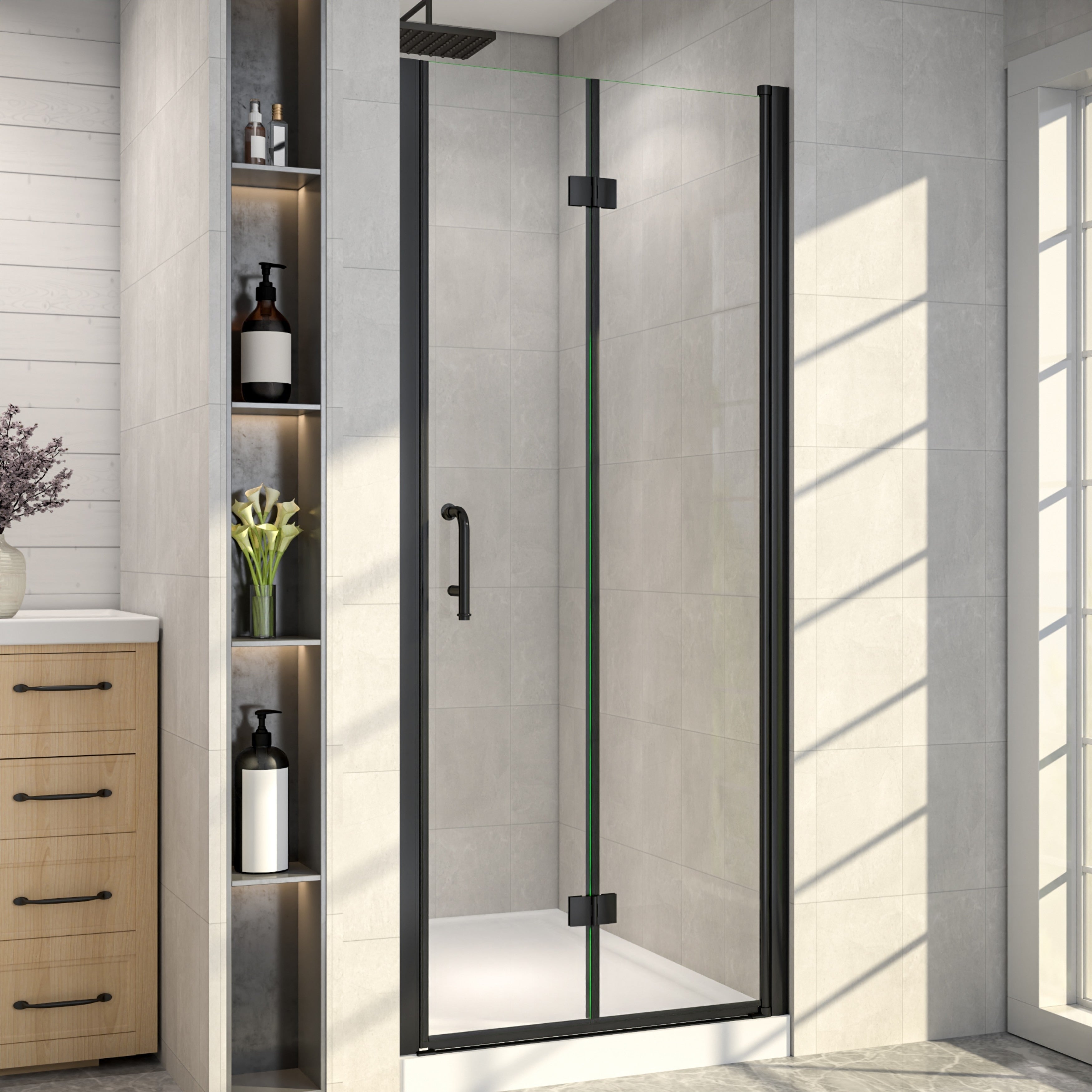 32 In. W X 72 In. H Semi Frameless Pivot Folding Shower Door With 1 4 Clear Tempered Glass Stainless Steel Handle