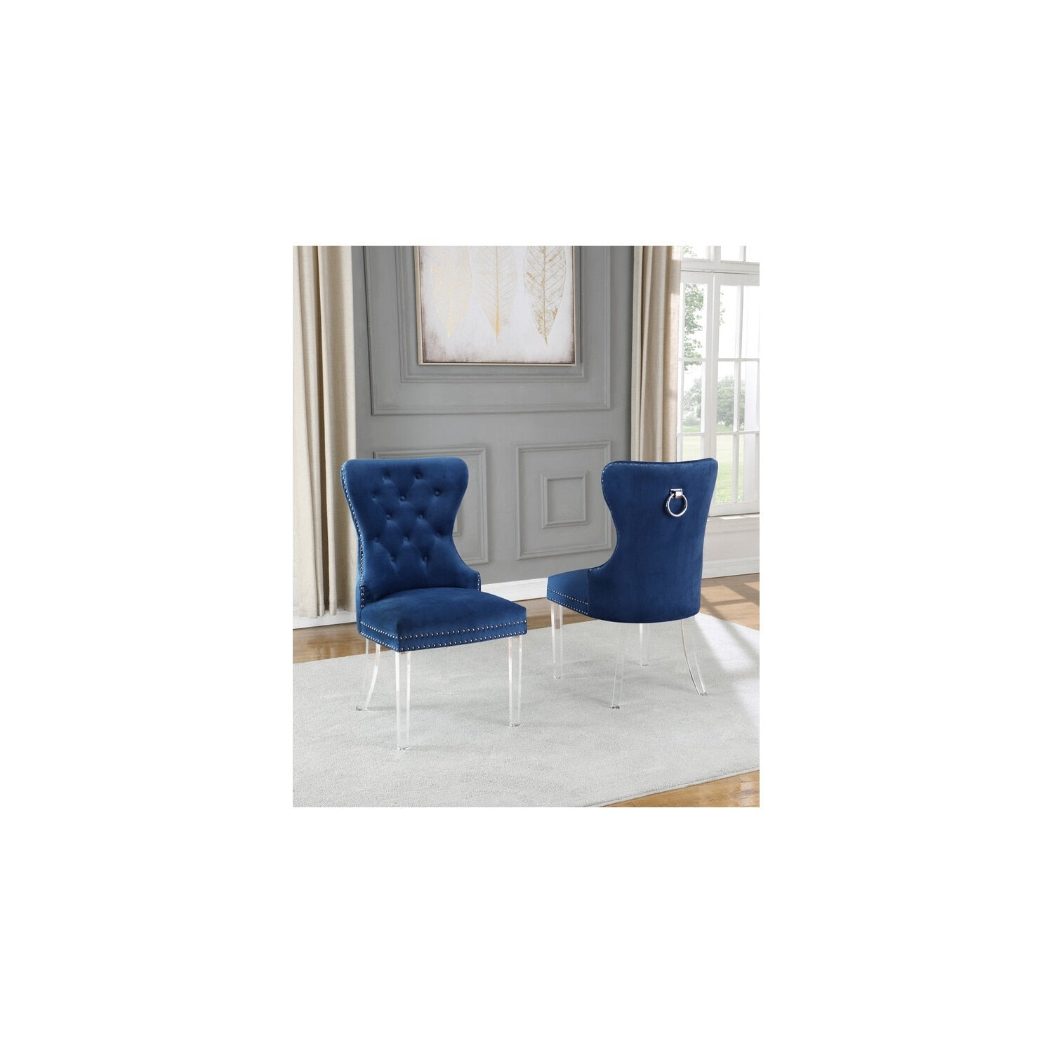 32 In.H Blue Finish Velvet Upholstery Square Barrel Chair Set Of 2 With Straight Arm 8 X 10