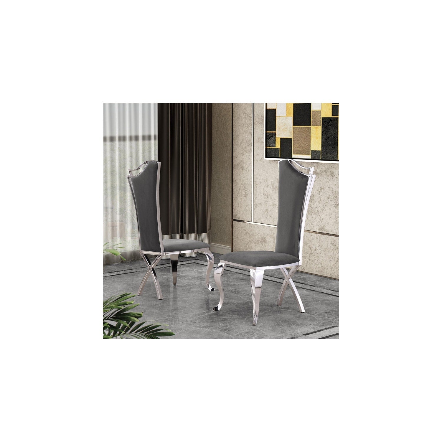 32 In.H Gray Finish Velvet Upholstery Square Barrel Chair Set Of 2 With Straight Arm 8 X 10
