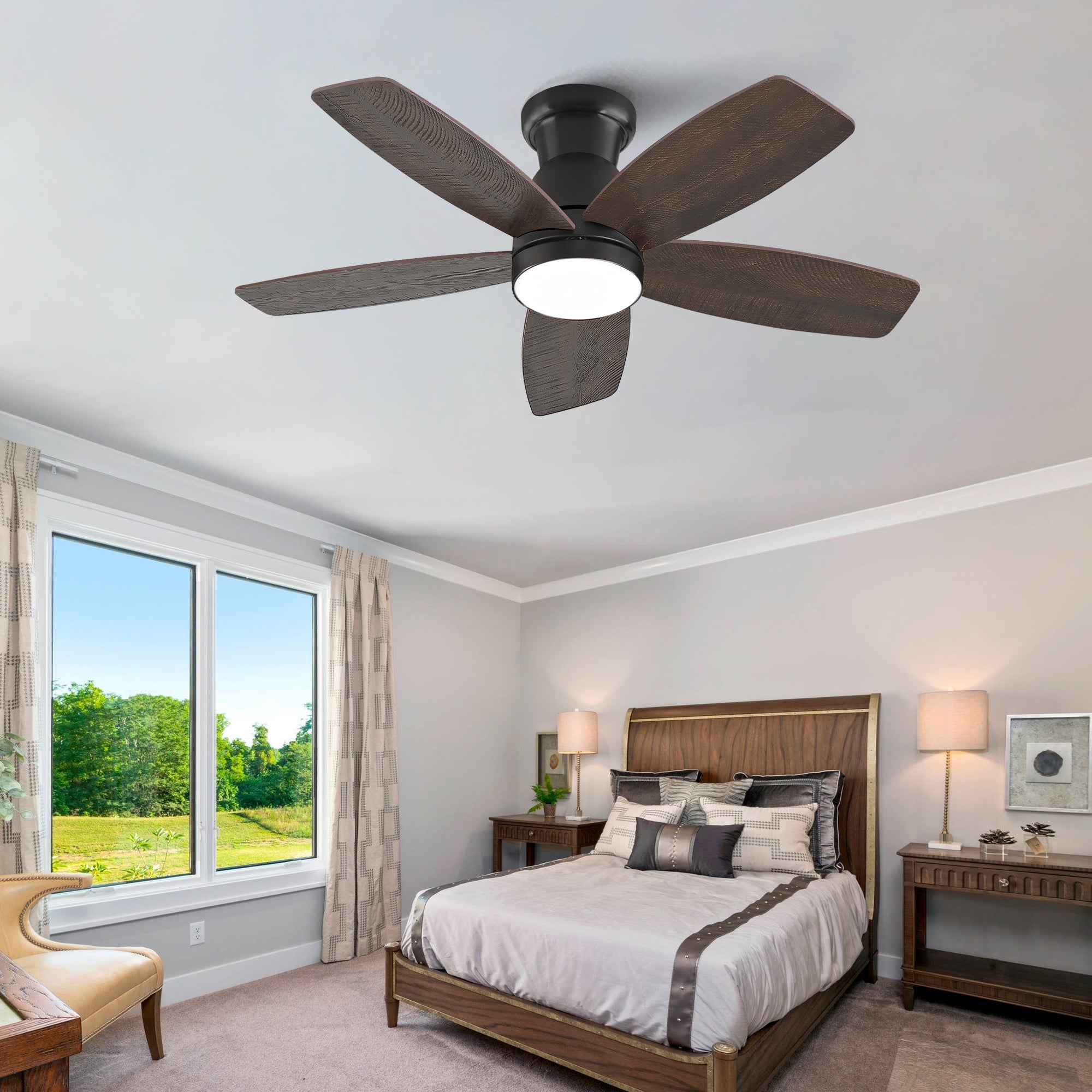 32 Inch Low Profile Ceiling Fan With Light And Remote Control Dimmable Quiet Dc Motor Black Dark Walnut