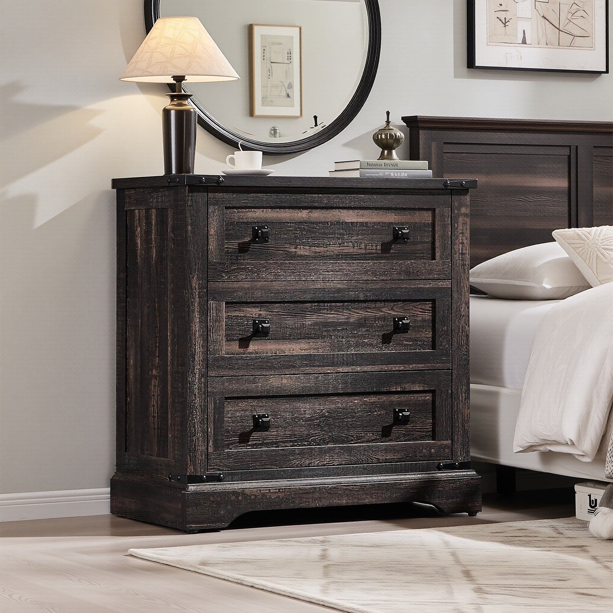 32 Farmhouse Nightstand End Table With 3 Drawers Charging Station