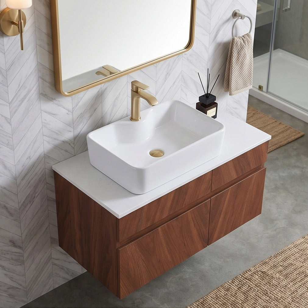 32 Modern Floating Walnut Bathroom Vanity Set