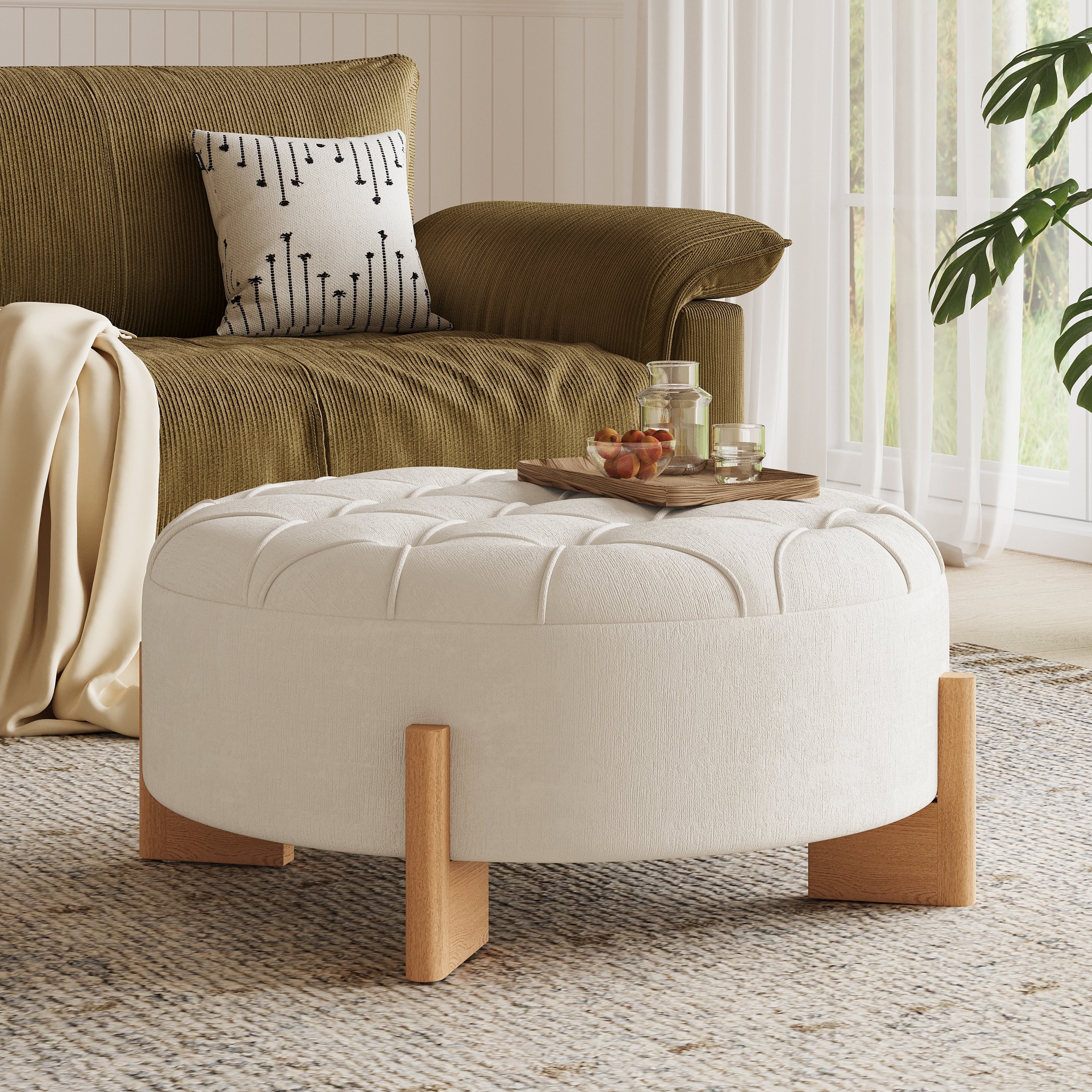 32 Round Tufted Ottoman With Solid Wood Legs Modern Coffee Table With Tufted Buttons Piping Lines Chenille Fabric Footrest
