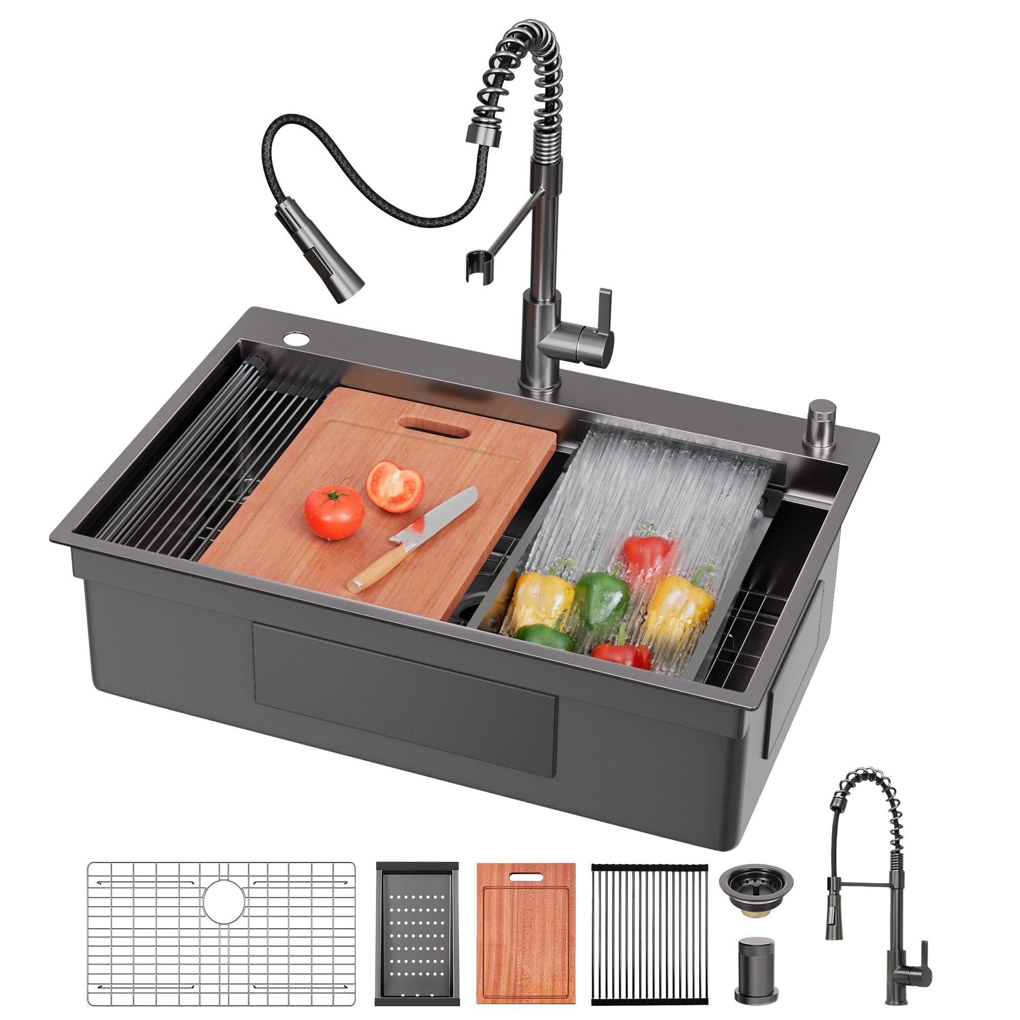 33 Inch Kitchen Sink With Pull Out Faucet Combo Modern Single Bowl Waterfall Stainless Steel